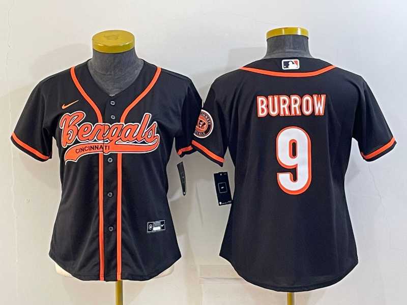 Women%27s Cincinnati Bengals #9 Joe Burrow Black With Patch Cool Base Stitched Baseball Jersey